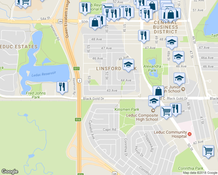 map of restaurants, bars, coffee shops, grocery stores, and more near 4301 52 Street in Leduc