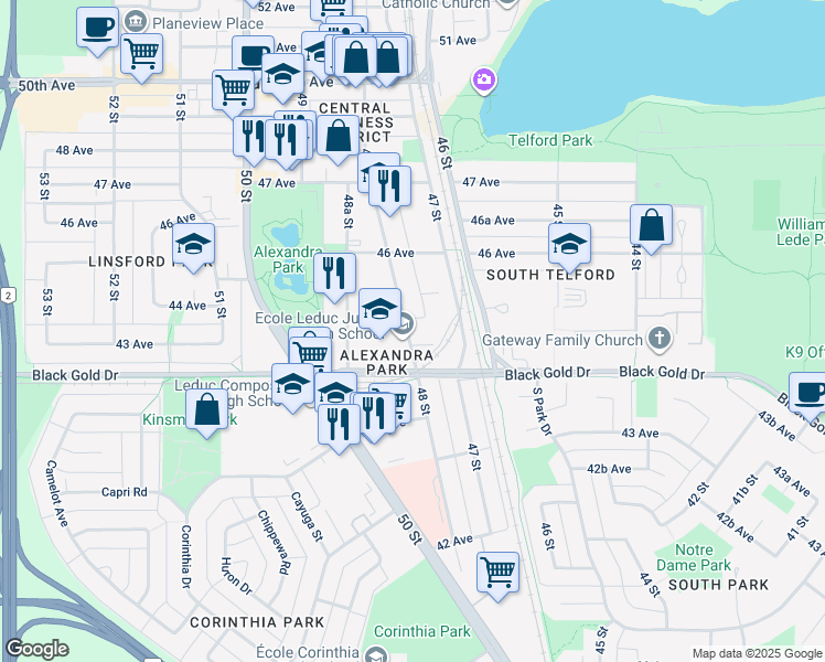 map of restaurants, bars, coffee shops, grocery stores, and more near 4415 48 Street in Leduc