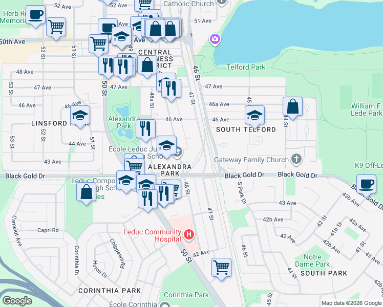 map of restaurants, bars, coffee shops, grocery stores, and more near 4415 48 Street in Leduc
