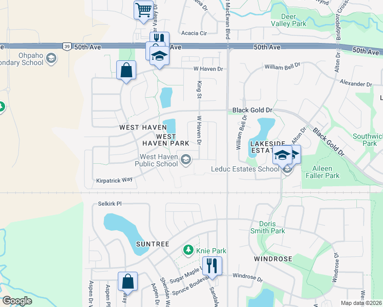 map of restaurants, bars, coffee shops, grocery stores, and more near 342 West Haven Drive in Leduc