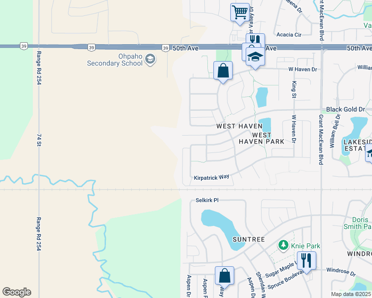 map of restaurants, bars, coffee shops, grocery stores, and more near 134 Kirpatrick Way in Leduc