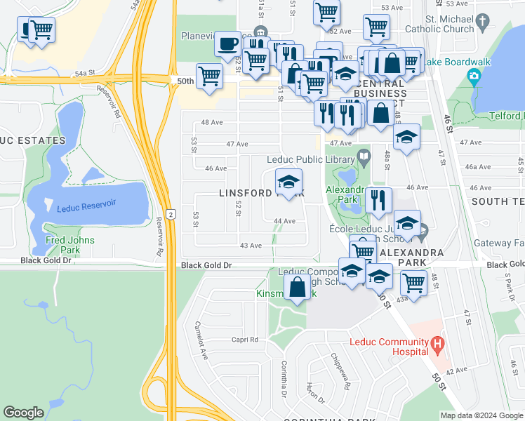 map of restaurants, bars, coffee shops, grocery stores, and more near 4406 51A Street in Leduc