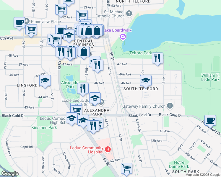 map of restaurants, bars, coffee shops, grocery stores, and more near 4516 47 Street in Leduc