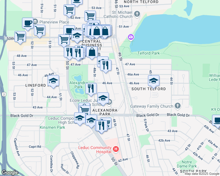 map of restaurants, bars, coffee shops, grocery stores, and more near 4515 48 Street in Leduc
