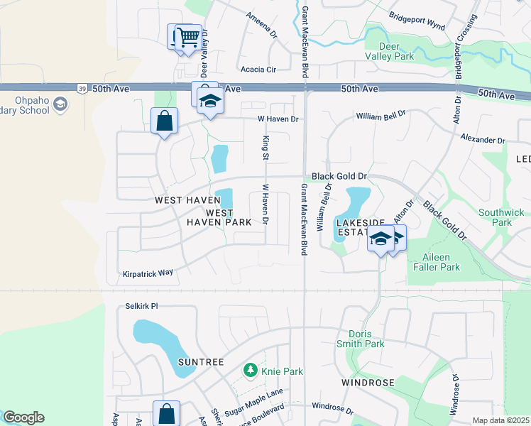 map of restaurants, bars, coffee shops, grocery stores, and more near 373 West Haven Drive in Leduc