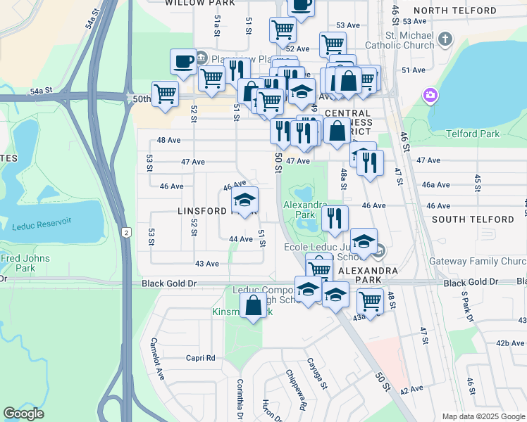 map of restaurants, bars, coffee shops, grocery stores, and more near 5002 45 Avenue in Leduc