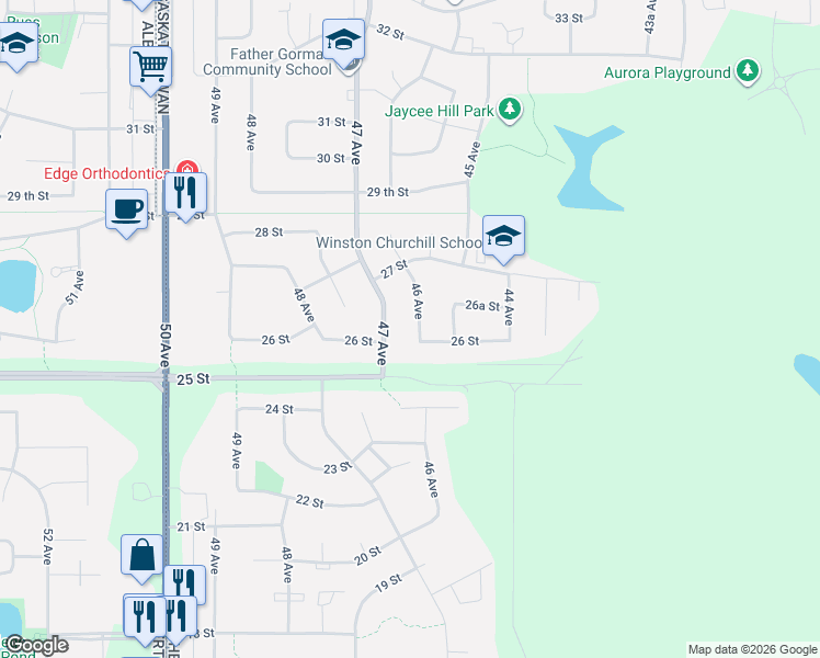 map of restaurants, bars, coffee shops, grocery stores, and more near 2601 47 Avenue in Lloydminster