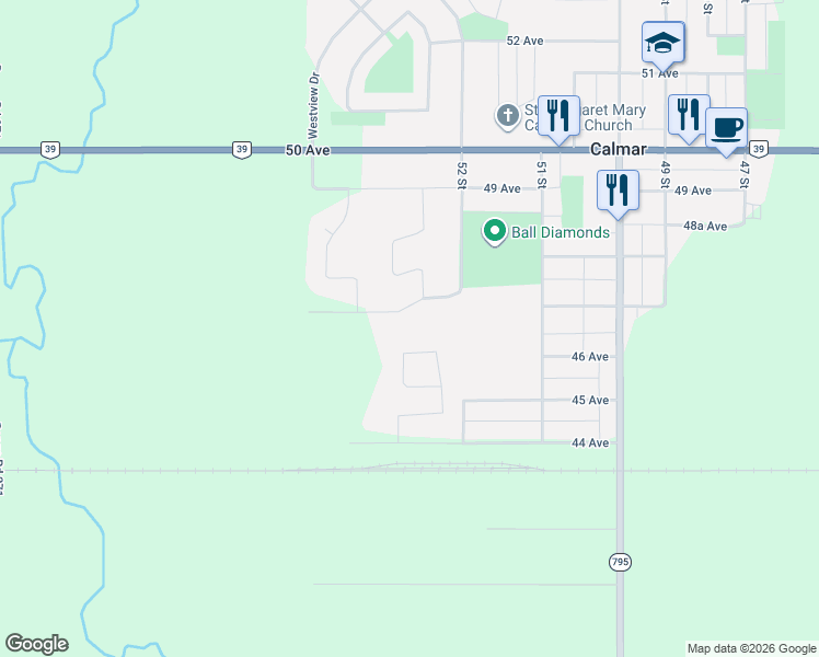 map of restaurants, bars, coffee shops, grocery stores, and more near 5240 47 Avenue in Calmar