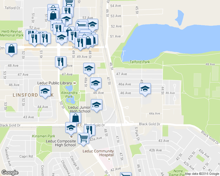 map of restaurants, bars, coffee shops, grocery stores, and more near 4520 47 Street in Leduc