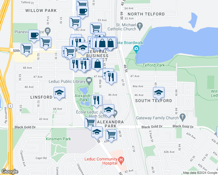 map of restaurants, bars, coffee shops, grocery stores, and more near 4609 48 Street in Leduc