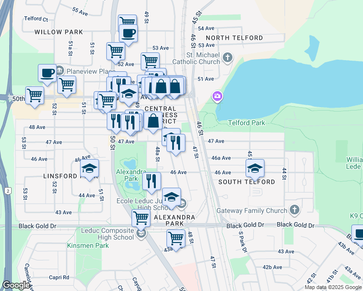 map of restaurants, bars, coffee shops, grocery stores, and more near in Leduc