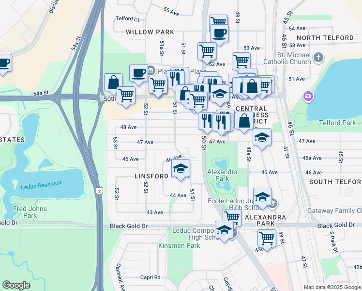 map of restaurants, bars, coffee shops, grocery stores, and more near 4603 51 Street in Leduc