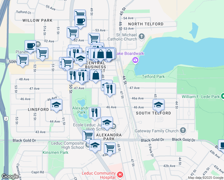 map of restaurants, bars, coffee shops, grocery stores, and more near 4711 47 Avenue in Leduc