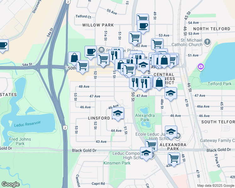 map of restaurants, bars, coffee shops, grocery stores, and more near 4701 51 Street in Leduc