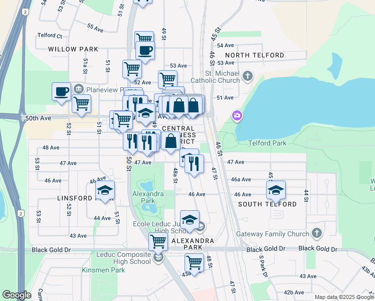 map of restaurants, bars, coffee shops, grocery stores, and more near 4705 48 Street in Leduc