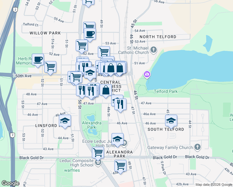 map of restaurants, bars, coffee shops, grocery stores, and more near 4805 48 Street in Leduc