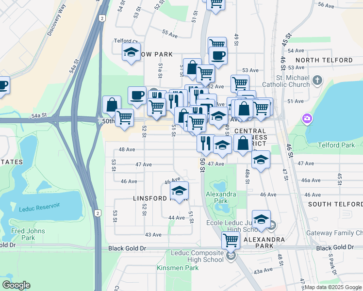map of restaurants, bars, coffee shops, grocery stores, and more near 5016 48 Avenue in Leduc