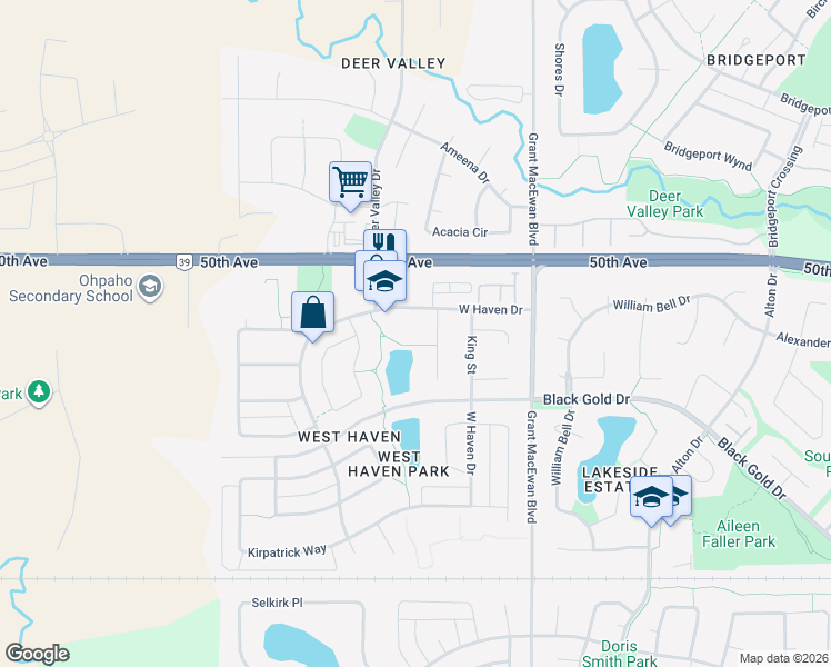map of restaurants, bars, coffee shops, grocery stores, and more near 105 West Haven Drive in Leduc
