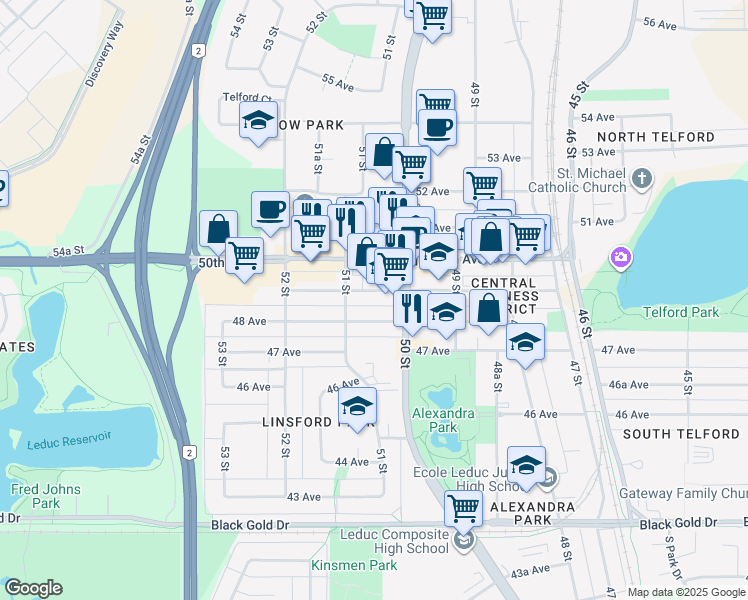 map of restaurants, bars, coffee shops, grocery stores, and more near 5016 48 Avenue in Leduc