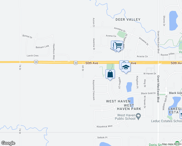 map of restaurants, bars, coffee shops, grocery stores, and more near 176 Keystone Crescent in Leduc
