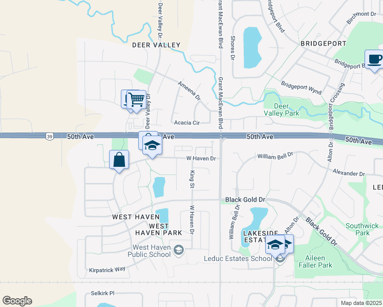 map of restaurants, bars, coffee shops, grocery stores, and more near 104 West Haven Drive in Leduc