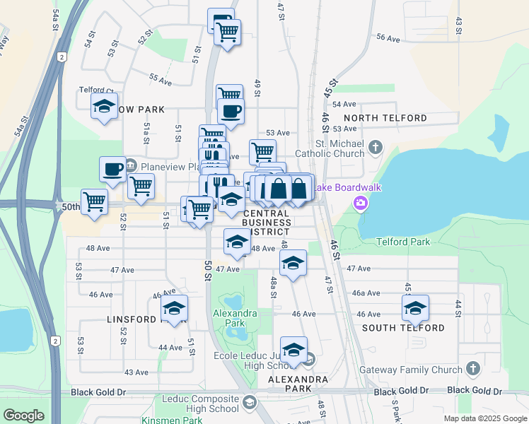 map of restaurants, bars, coffee shops, grocery stores, and more near 4811 50th Avenue in Leduc