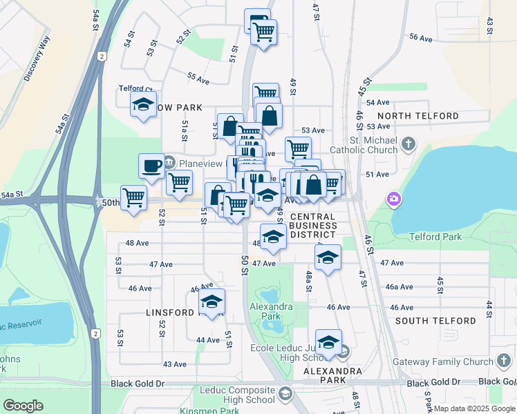 map of restaurants, bars, coffee shops, grocery stores, and more near 4922 51 Avenue in Leduc