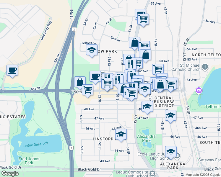 map of restaurants, bars, coffee shops, grocery stores, and more near 5106 50th Avenue in Leduc