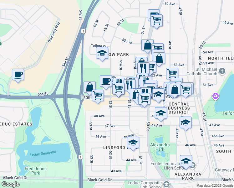 map of restaurants, bars, coffee shops, grocery stores, and more near 5106 50th Avenue in Leduc