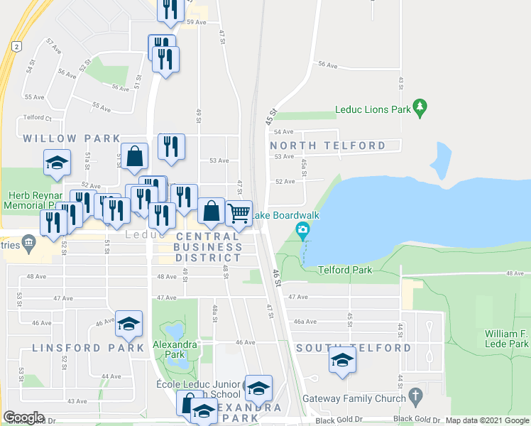 map of restaurants, bars, coffee shops, grocery stores, and more near 46 46 Street in Leduc