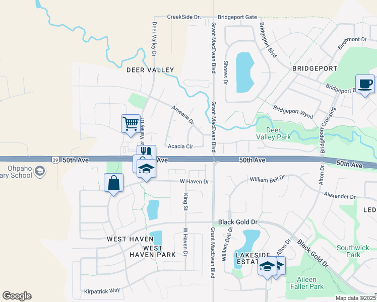 map of restaurants, bars, coffee shops, grocery stores, and more near 106 Acacia Circle in Leduc