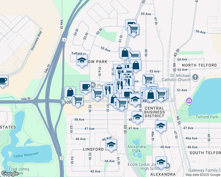 map of restaurants, bars, coffee shops, grocery stores, and more near 5016 51 Avenue in Leduc