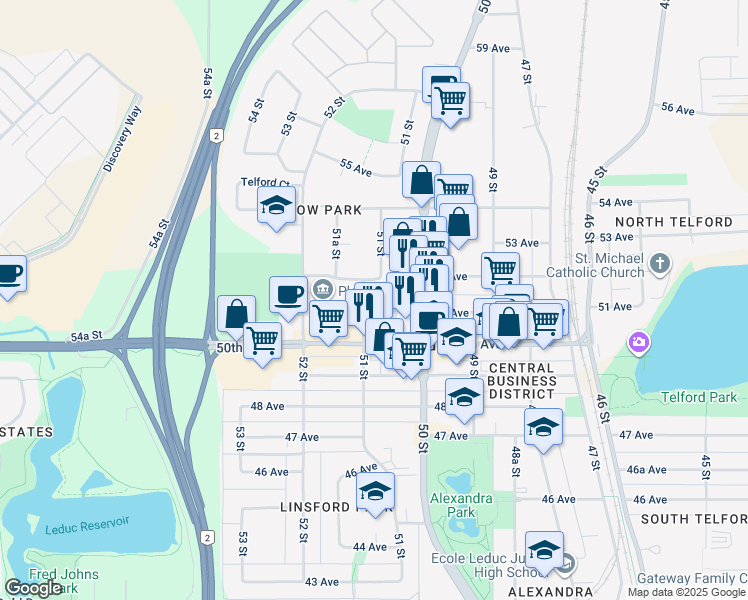 map of restaurants, bars, coffee shops, grocery stores, and more near 5102 52 Avenue in Leduc