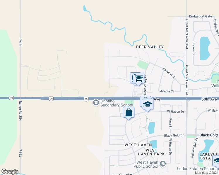 map of restaurants, bars, coffee shops, grocery stores, and more near 128 Awentia Street in Leduc