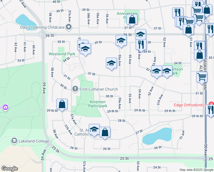 map of restaurants, bars, coffee shops, grocery stores, and more near 5525 31 Street in Lloydminster