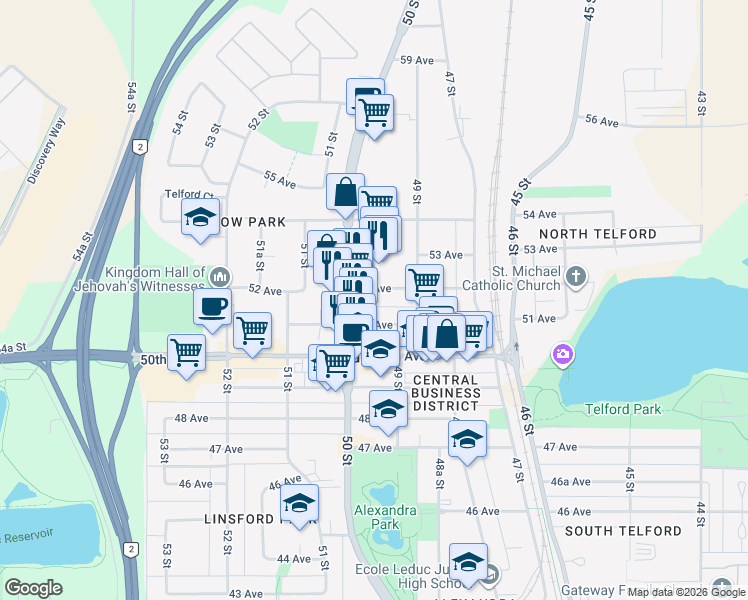 map of restaurants, bars, coffee shops, grocery stores, and more near 4915 52 Avenue in Leduc
