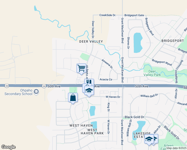 map of restaurants, bars, coffee shops, grocery stores, and more near 101 Deer Valley Drive in Leduc
