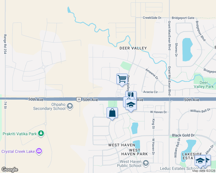 map of restaurants, bars, coffee shops, grocery stores, and more near 300 Awentia Drive in Leduc