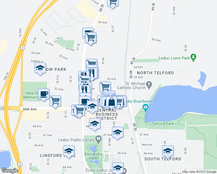 map of restaurants, bars, coffee shops, grocery stores, and more near 4714 52 Avenue in Leduc