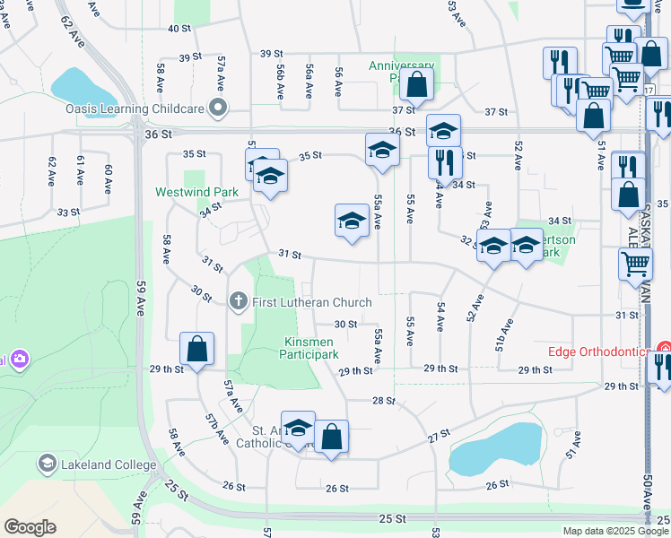 map of restaurants, bars, coffee shops, grocery stores, and more near 5525 31 Street in Lloydminster