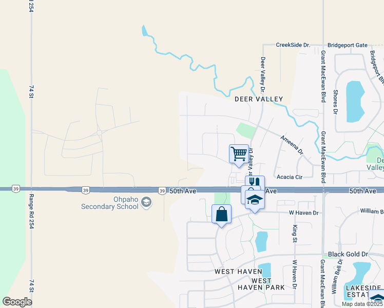 map of restaurants, bars, coffee shops, grocery stores, and more near 138 Awentia Drive in Leduc