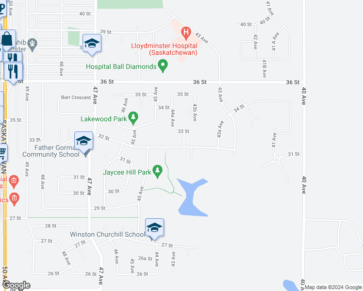 map of restaurants, bars, coffee shops, grocery stores, and more near 4407 33 Street in Lloydminster