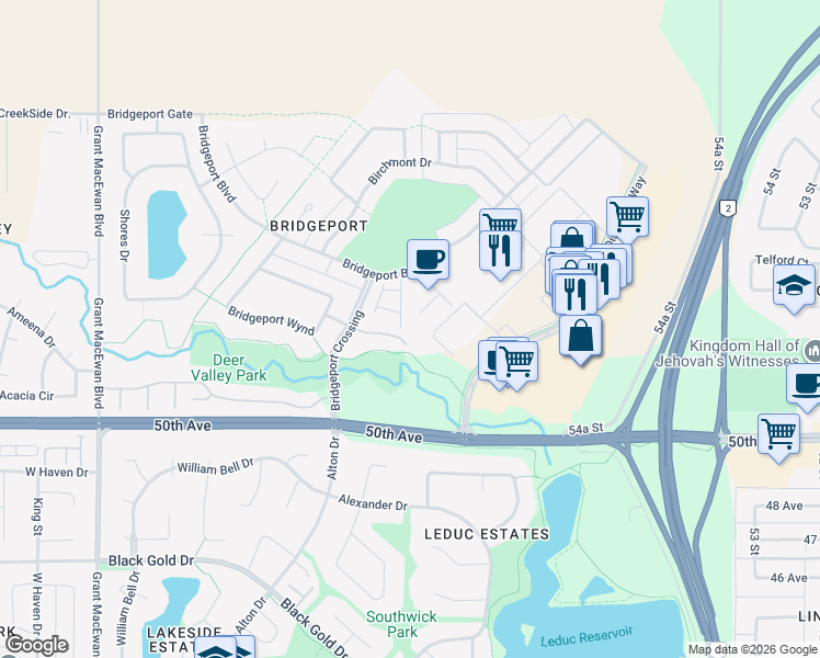 map of restaurants, bars, coffee shops, grocery stores, and more near 102 B Bridgeport Crossing in Leduc