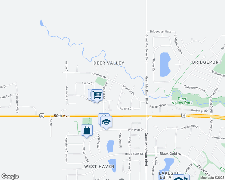 map of restaurants, bars, coffee shops, grocery stores, and more near 417 Aster Close in Leduc