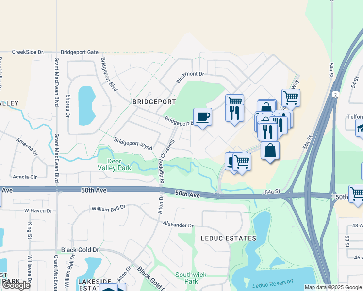 map of restaurants, bars, coffee shops, grocery stores, and more near 102 Bridgeport Crossing in Leduc