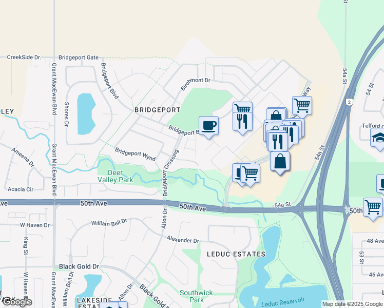 map of restaurants, bars, coffee shops, grocery stores, and more near 178 Bridgeport Boulevard in Leduc