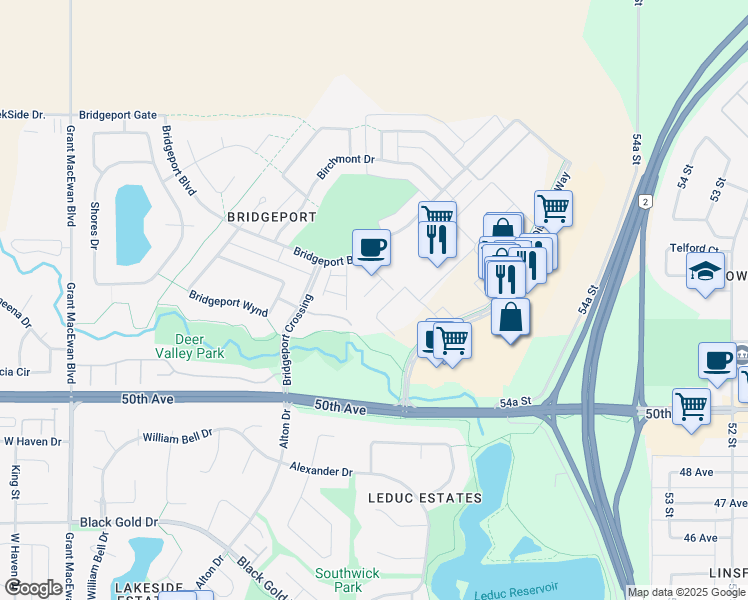 map of restaurants, bars, coffee shops, grocery stores, and more near 180 Bridgeport Boulevard in Leduc