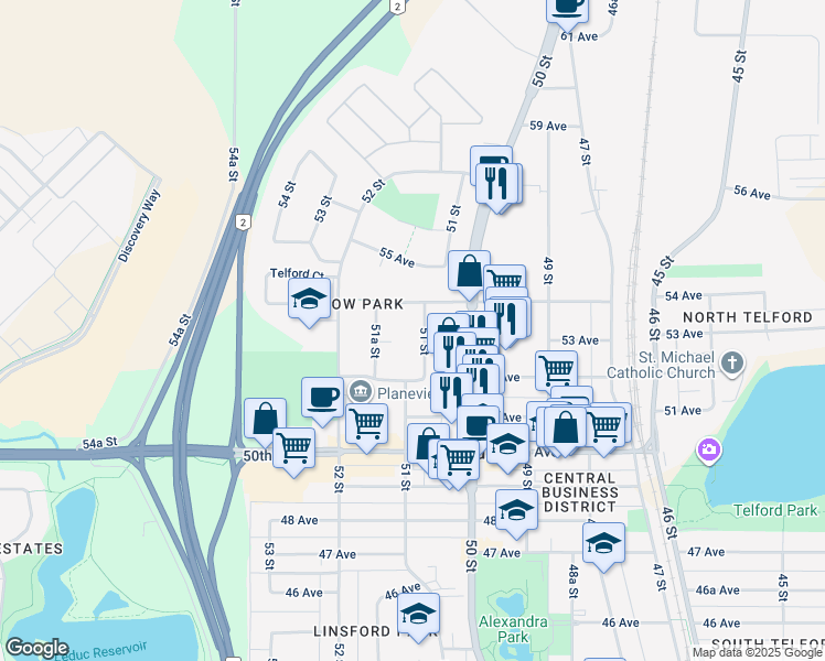 map of restaurants, bars, coffee shops, grocery stores, and more near 5214 51 Street in Leduc