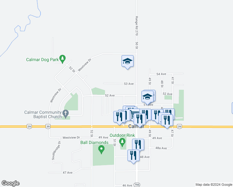 map of restaurants, bars, coffee shops, grocery stores, and more near 5108 52 Avenue in Calmar