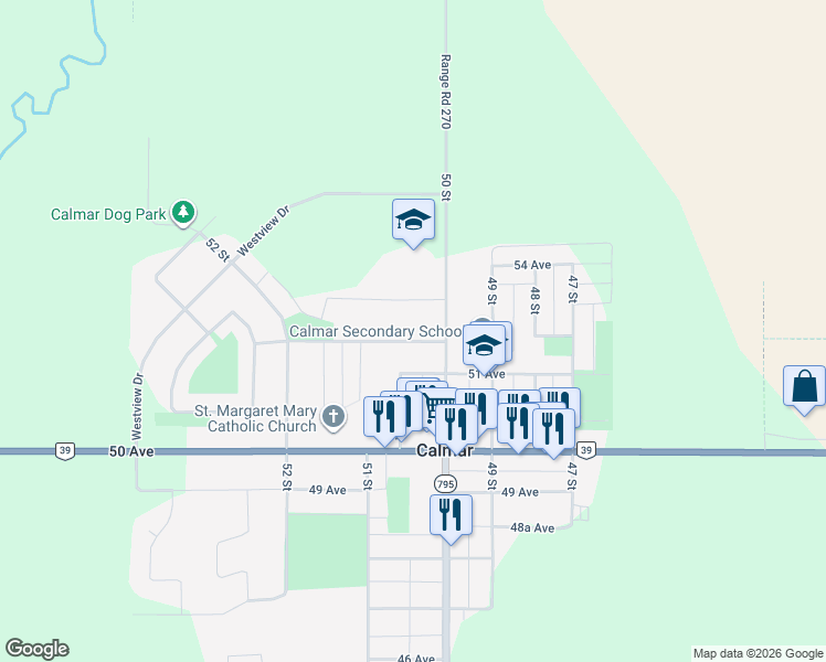 map of restaurants, bars, coffee shops, grocery stores, and more near 5010 52 Avenue in Calmar